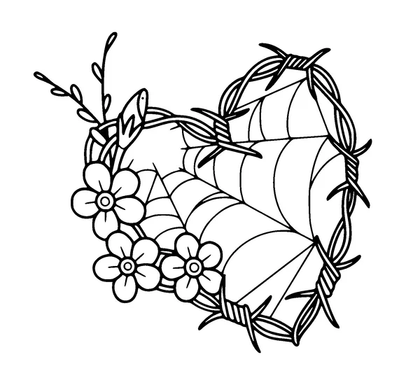 Barbed Wire Heart With Spider Web And Flowers Tattoo Meaning, PNG and SVG