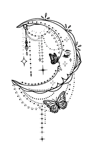 Decorated Half Moon With Butterflies Tattoo Meaning, PNG and SVG