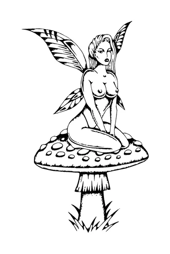 Fairy On Mushroom Tattoo Meaning, PNG and SVG