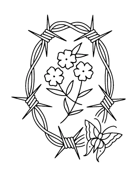 Flower In Barbed Wire And Butterfly Tattoo Meaning, PNG and SVG