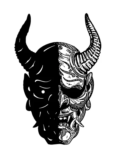 Half Dark Japanese Oni Mask Tattoo Meaning, PNG and SVG