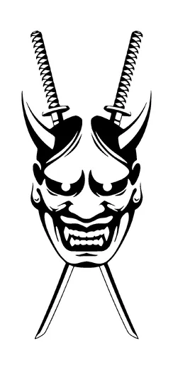 Japanese Devil Mask With Two Katanas Tattoo Meaning, PNG and SVG