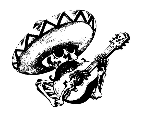 Skeleton With Mexican Hat Playing Guitar Tattoo Meaning, PNG and SVG