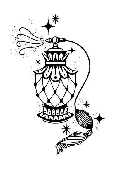 Sparkling Vintage Perfume Bottle Tattoo Meaning, PNG and SVG