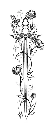 Sword With Fairy Flowers Long Tattoo Meaning, PNG and SVG